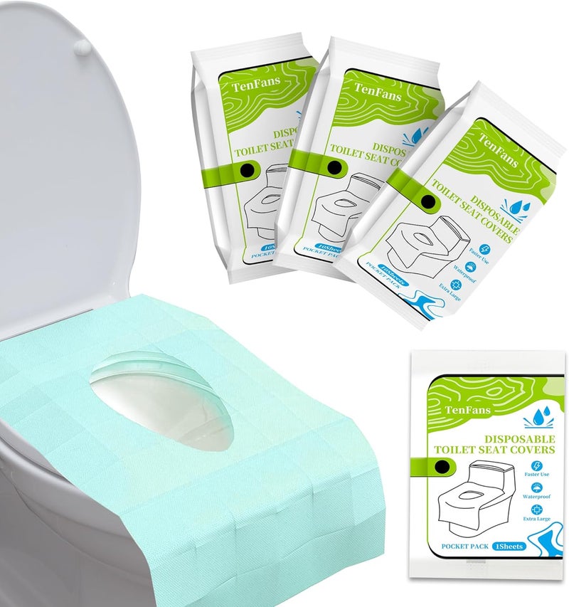 TenFans Toilet Seat Covers Disposable - 30 Count Individually Travel Pack - Sticker Free Faster Use - Waterproof XL Covers for Adults and Kids - Travel Accessories Public Restrooms, Camping, Airplane - Image 1